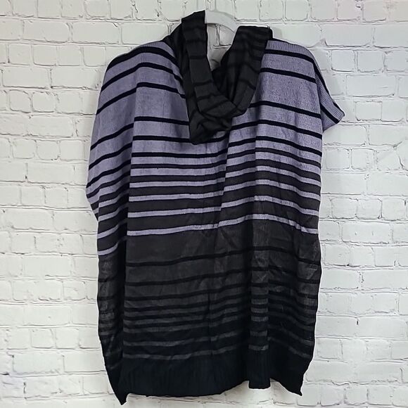 Charcoal Stiped Kimono Sleeveless Sweater Hoodie Wrap Shawl Open Front & Sides - Picture 9 of 9